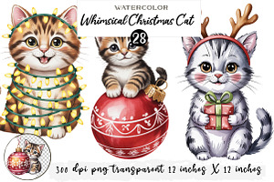Whimsical Christmas Cat Clipart, an Illustration by Watercolor design