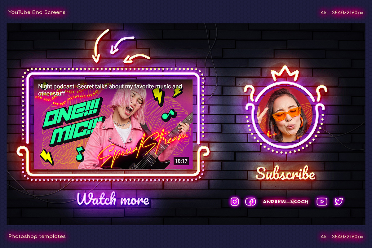 Neon YouTube End Screens, a Social Media Template by Andrew Skoch Design (Photo 8 of 18)
