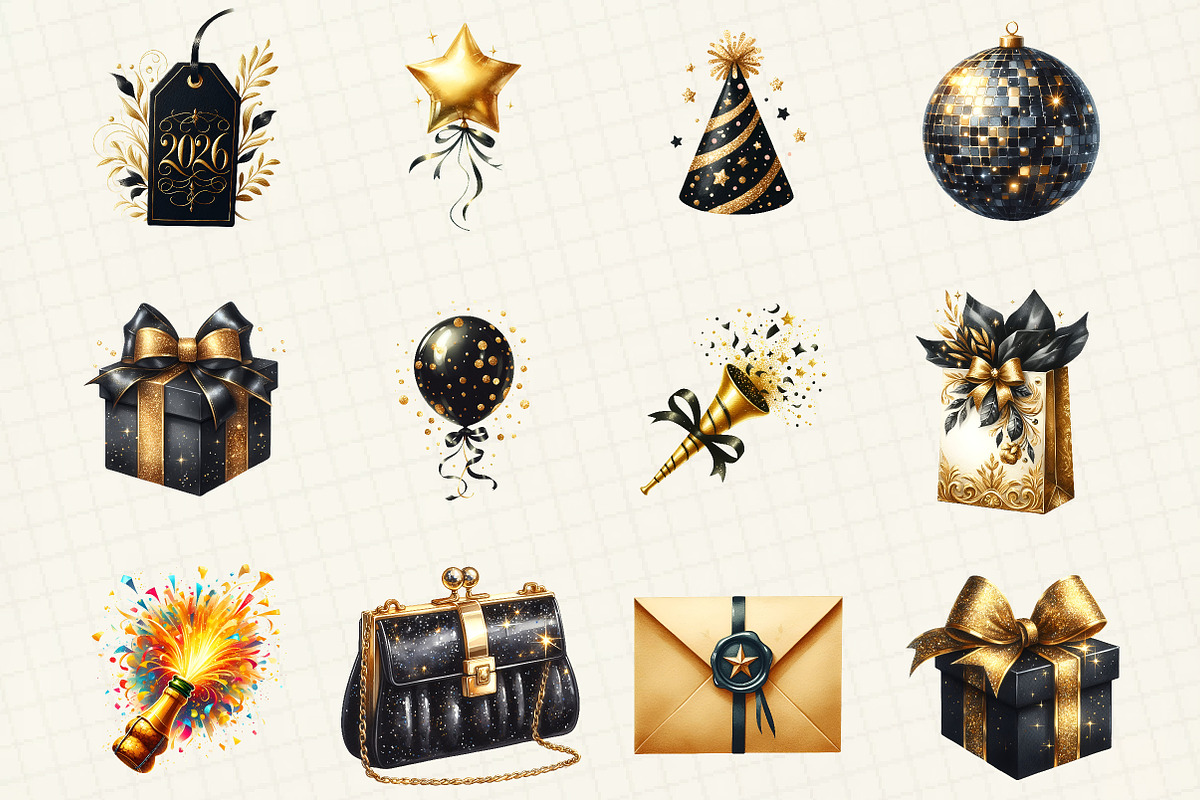 Black & Gold New Year Clipart, an Illustration by DreamCafeArt (Photo 3 of 8)