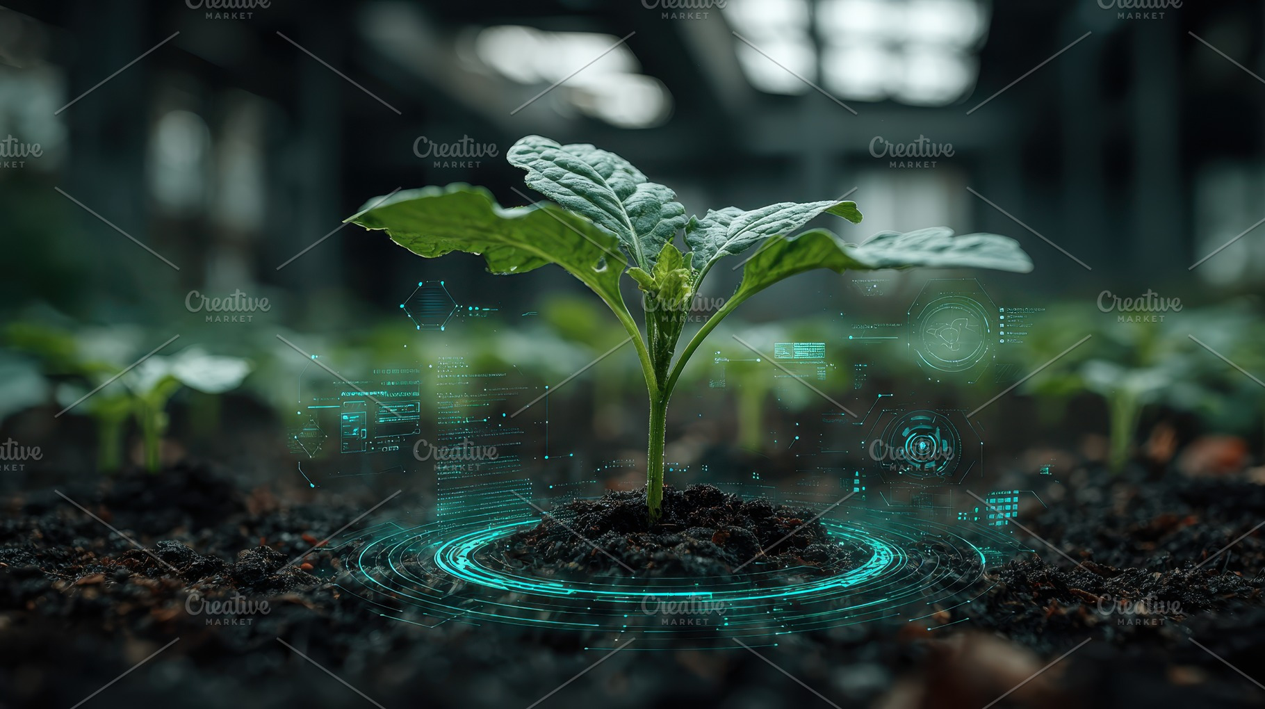 Young Plant Growing with Futuristic, a Photo by Pixeness Studio