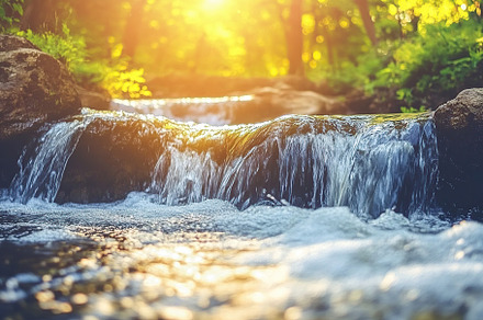 Stream of water flowing down in the forest with sun rays, a Nature Photo by AlyaAnd