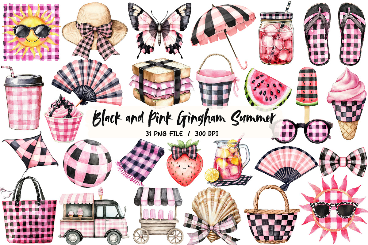 Black and Pink Gingham Summer Clipar, an Illustration by Libby Wishes (Photo 1 of 7)