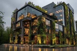 Eco friendly glass office building with green walls at dusk, modern urban archi, an Illustration by AS photostudio