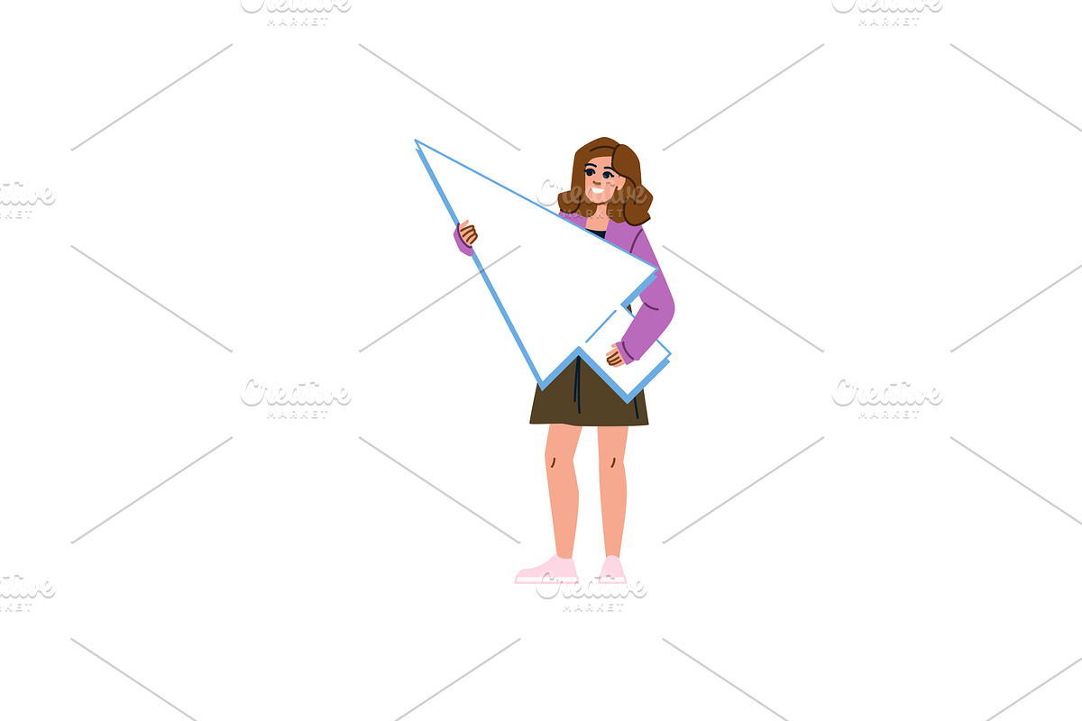 Woman holding giant cursor promoting, a Technology Illustration by pikepicture