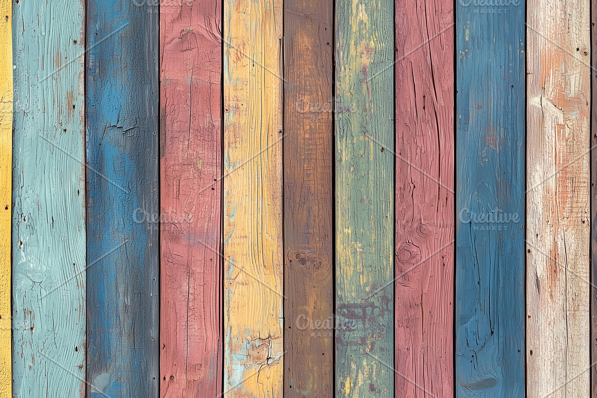 A vibrant wooden wall made of planks in various colors including blue, pink, ye, a Texture Graphic by Textures & Backgrounds