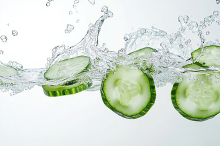 Green sliced cucumber falling into water on white background, a Food & Drink Photo by AlyaAnd
