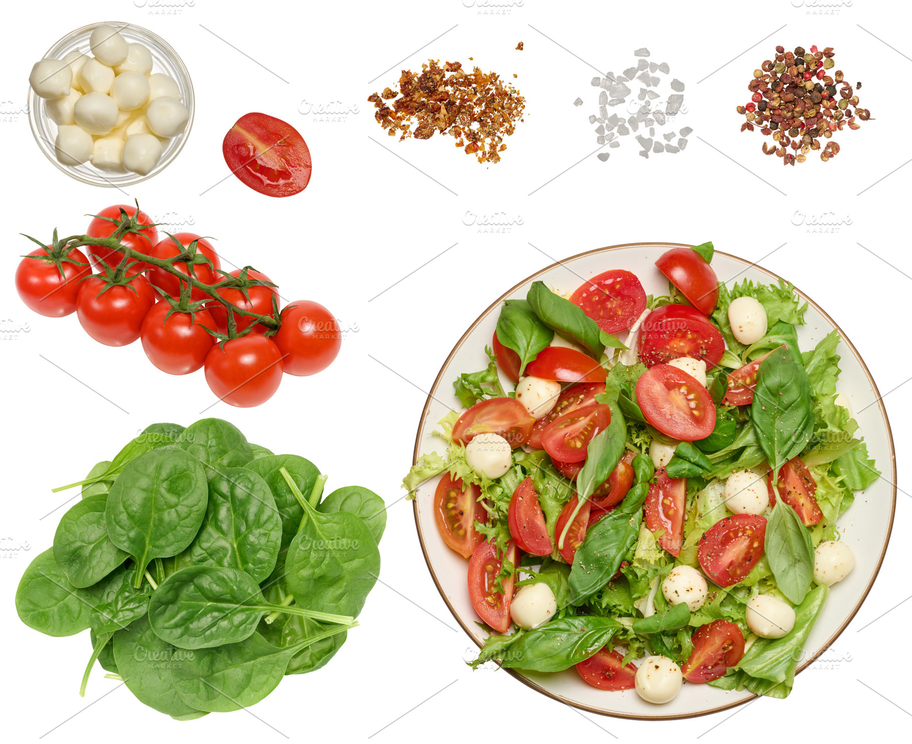 Salad ingredients and finished dish on a plate on an isolated ba, a Food & Drink Photo by ndanko