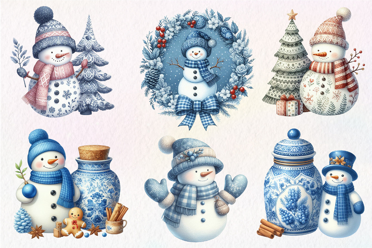 Christmas Blue Toile Snowman Clipart, an Illustration by Dream Creation (Photo 3 of 7)