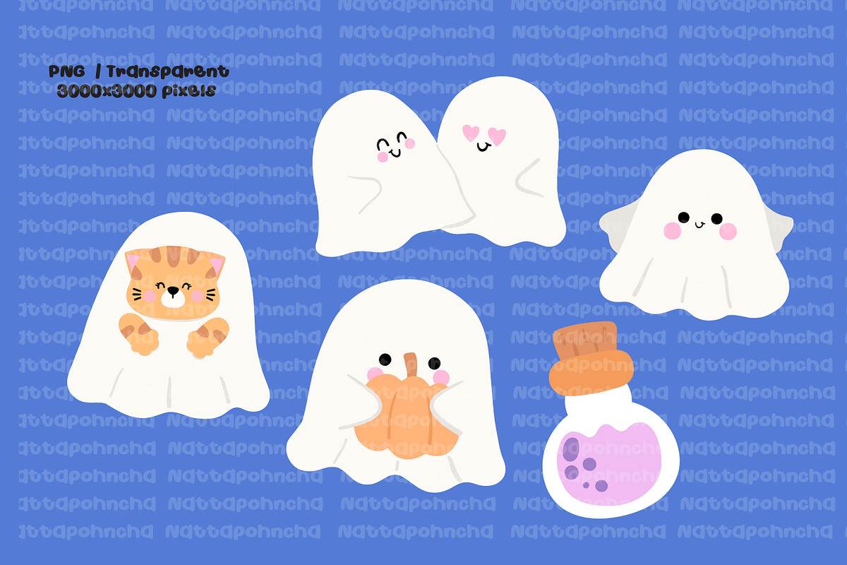 Cute Halloween Cat and Ghost Clipart, an Illustration by Nattapohncha (Photo 2 of 4)