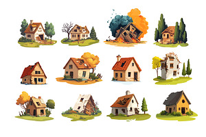 Earthquake destroyed houses cartoon, an Object Illustration by Onyx