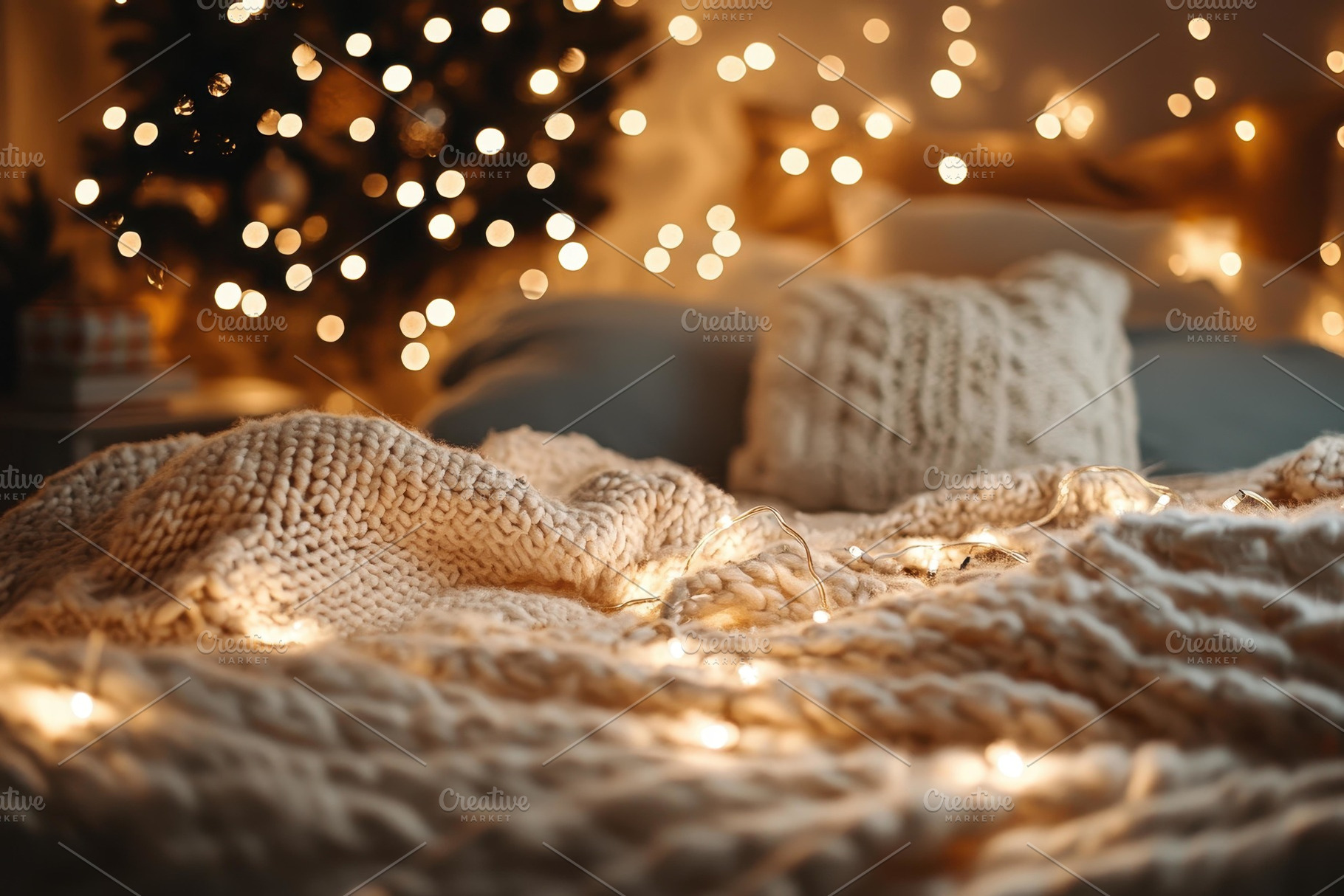 Cozy bedroom adorned with warm light, a Photo by Tanuart