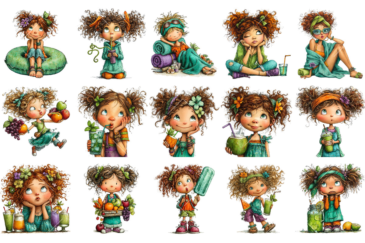 Whimsical Summer Funny Girls Clipart, an Illustration by OK Design (Photo 3 of 6)
