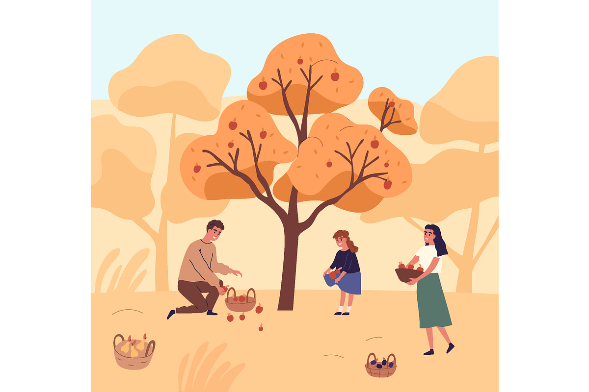 Family picking fruits in autumn, a Person Illustration by Good Studio