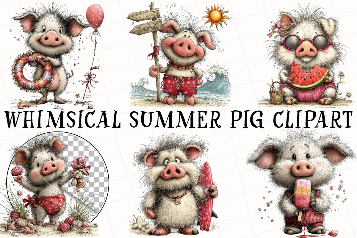 Whimsical Summer Pig Clipart, an Illustration by OK Design (Photo 2 of 6)