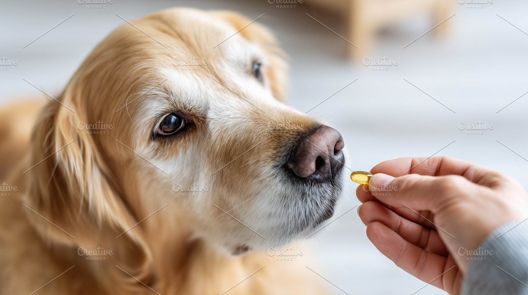 Woman offering yellow pill to dog, an Animal Photo by MistyDay