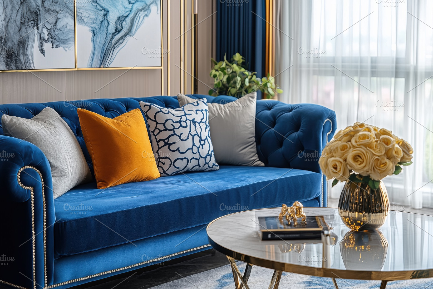 A stylish Hollywood Glam interior design style living room featuring a blue vel, an Arts & Entertainment Photo by Textures & Backgrounds