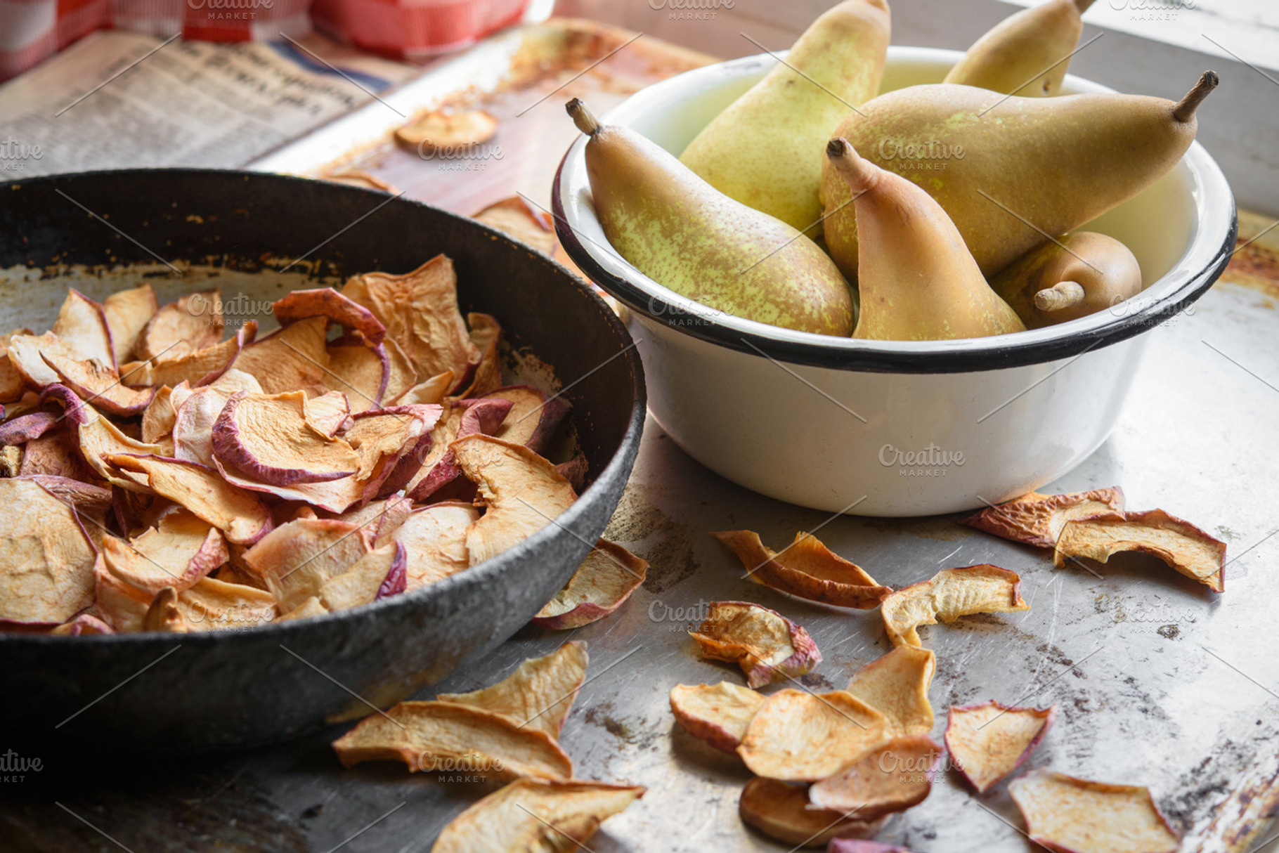 Dried apples and pears in bowls. Rustic vintage style, a Food & Drink Photo by Edgieus