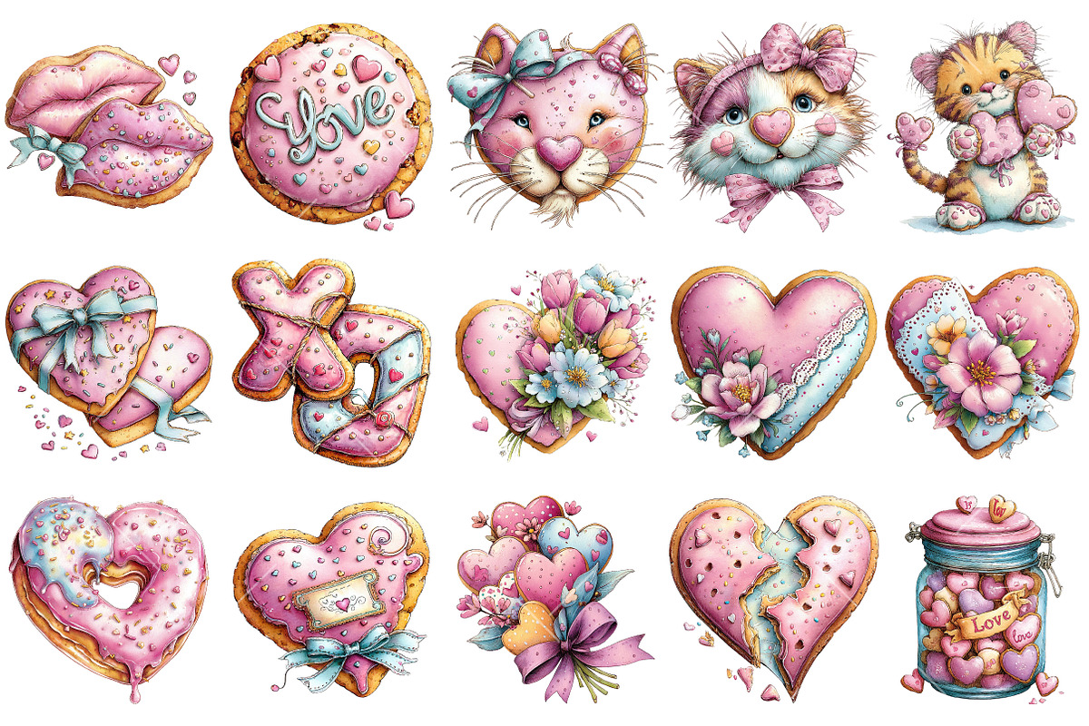 Whimsical Valentine Cookies Clipart, an Illustration by OK Design (Photo 3 of 6)