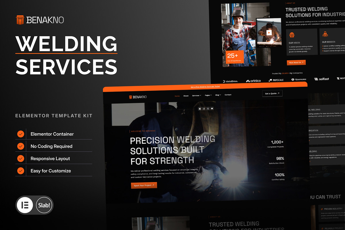 Benakno - Welding Services Elementor, a WordPress Template by SLAB! Design (Photo 1 of 5)