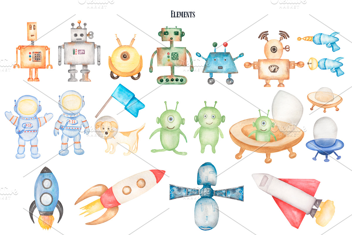 Watercolor Cute Space Collection, a Technology Illustration by MayaNavits (Photo 2 of 10)