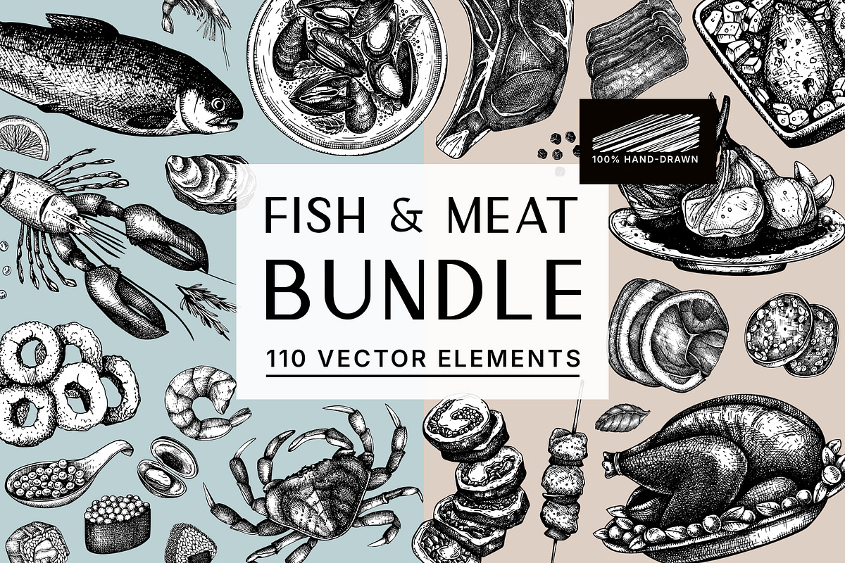 BUNDLE - Fish & Meat Vectors, a Food Illustration by Yevheniia (Photo 1 of 9)