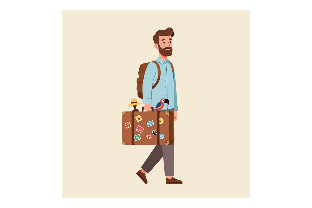 A man with a suitcase and parrot, wa, an Illustration by designvectx