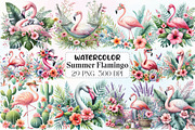 Summer Flamingo Garden Clipart, an Illustration by CraftArtStudio (Thumbnail 1 of 6)