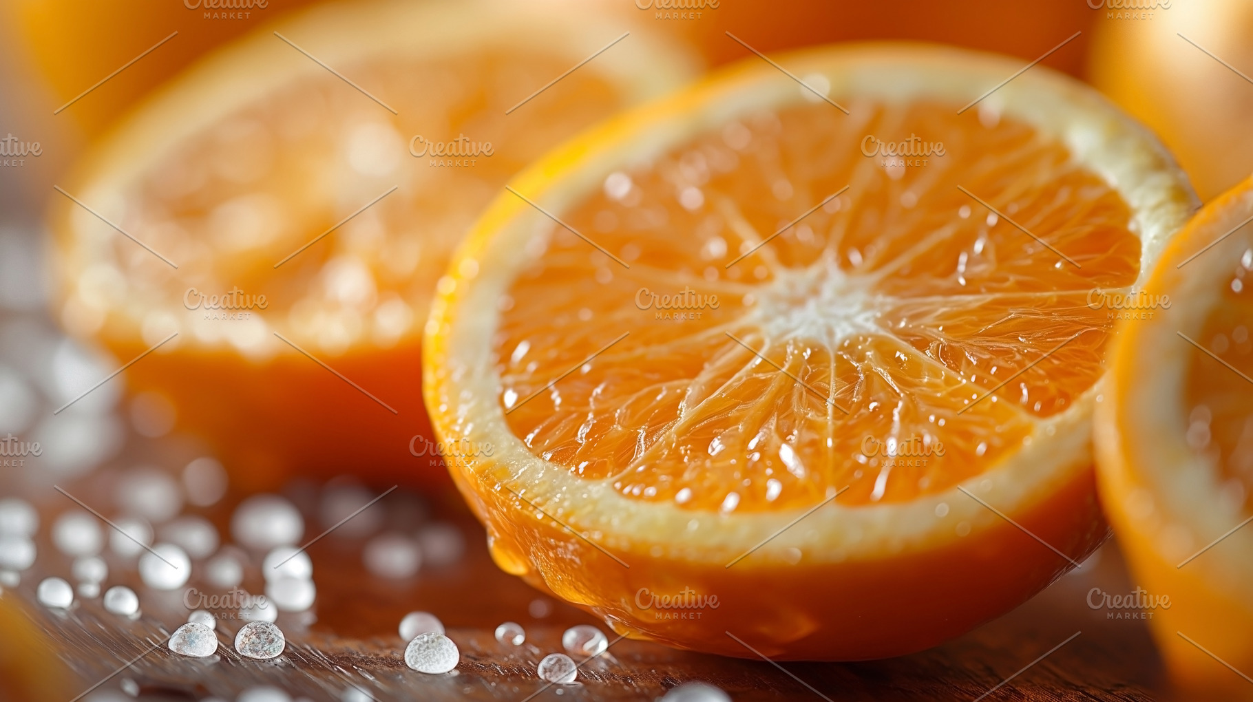 Close-up of freshly cut orange slices with glistening juice and, a Food & Drink Photo by ImageMir