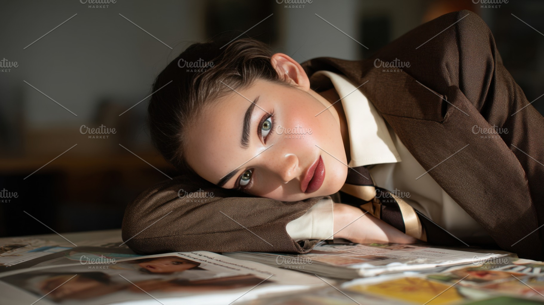 Woman in suit resting on table, a Photo by Beautiful things