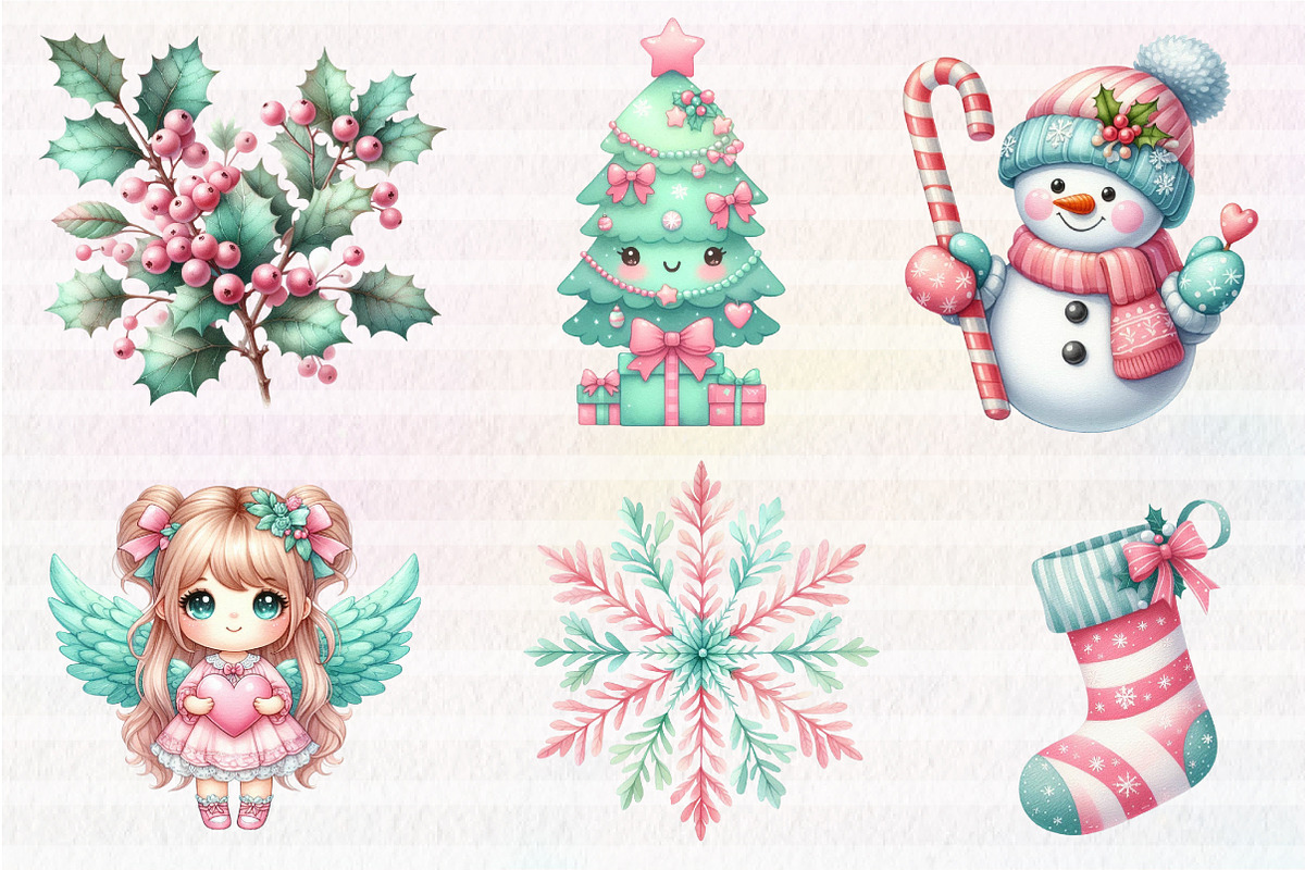 Kawaii Pink Mint Christmas Clipart, an Illustration by CreationArt (Photo 2 of 5)