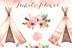 Tribal & Flower Watercolor Clipart