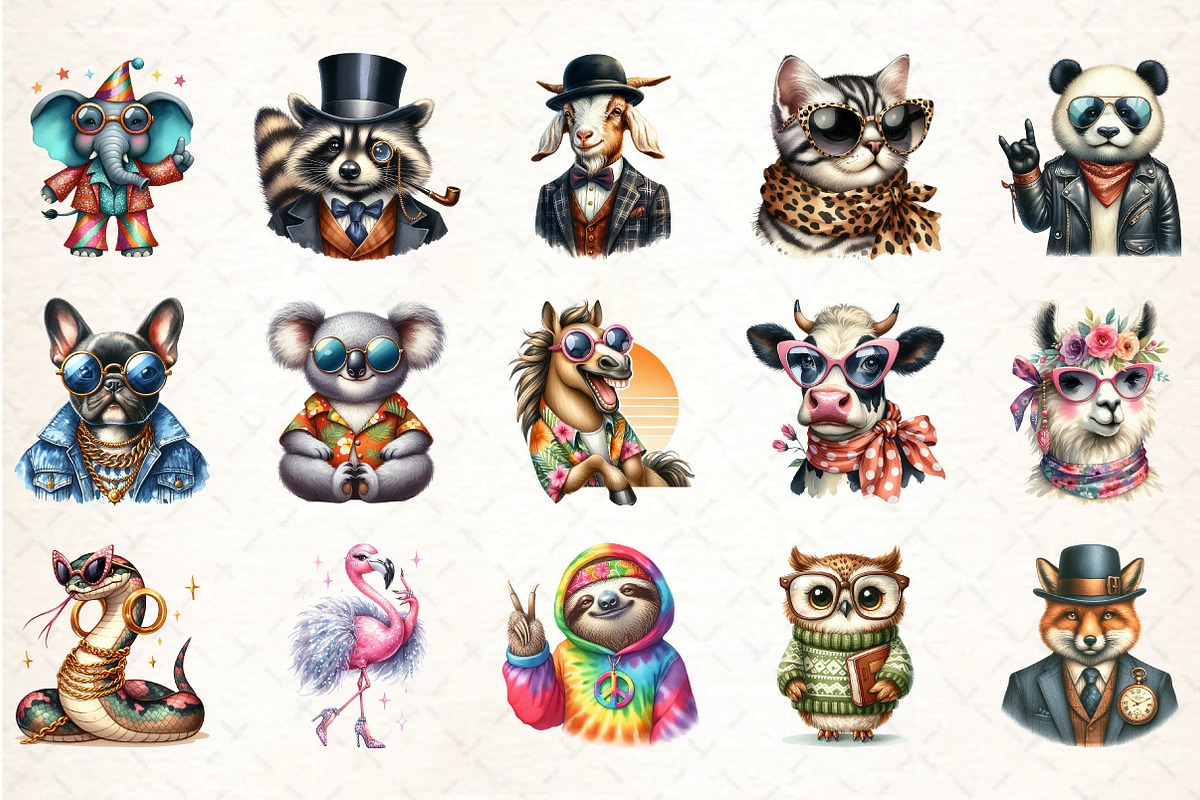 Funky Dressed-Up Animals Sublimation, an Illustration by DreamCafeArt (Photo 3 of 5)
