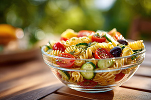 Fresh pasta salad with olives and cherry tomatoes in a sunny out, a Food & Drink Photo by AlyaAnd