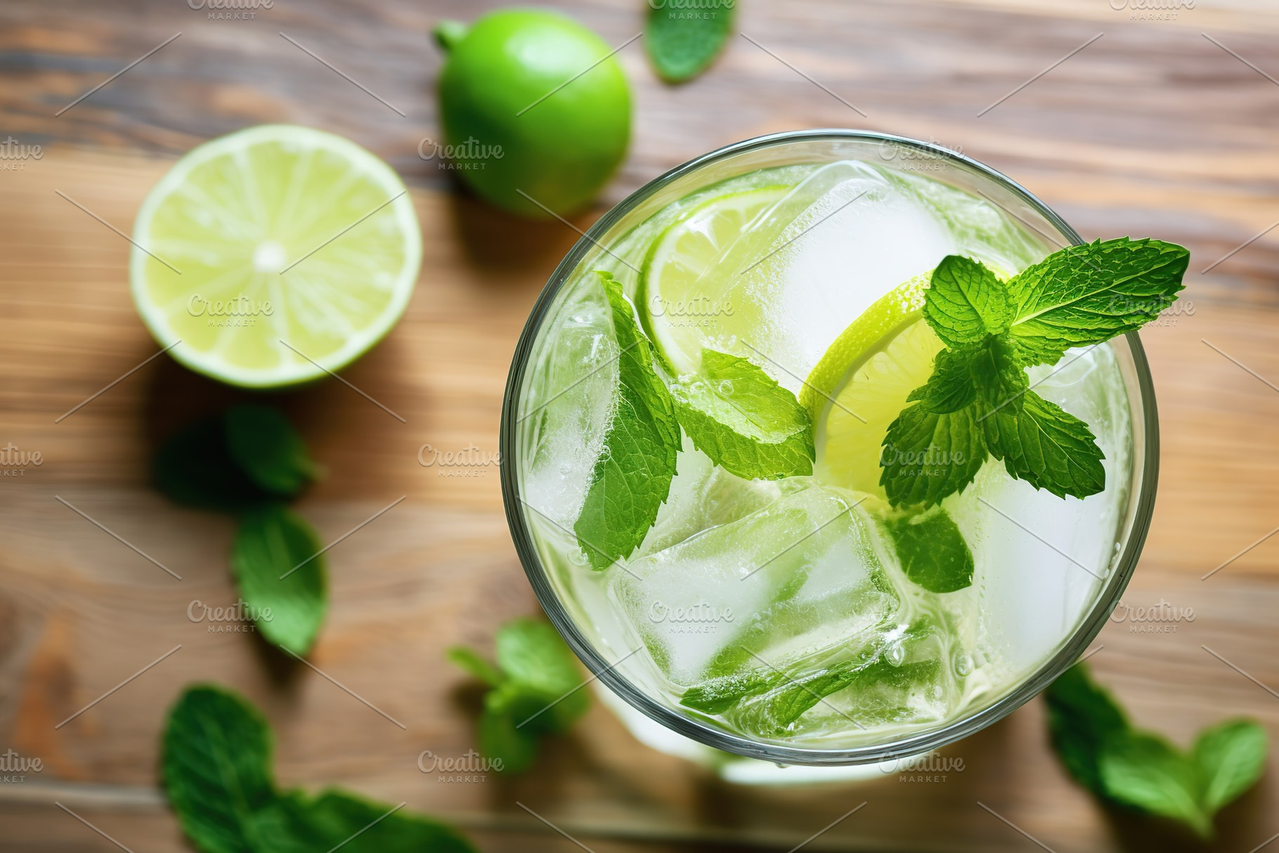 Flat lay of alcoholic mojito with ice and mint on wooden background, a Food & Drink Photo by AlyaAnd