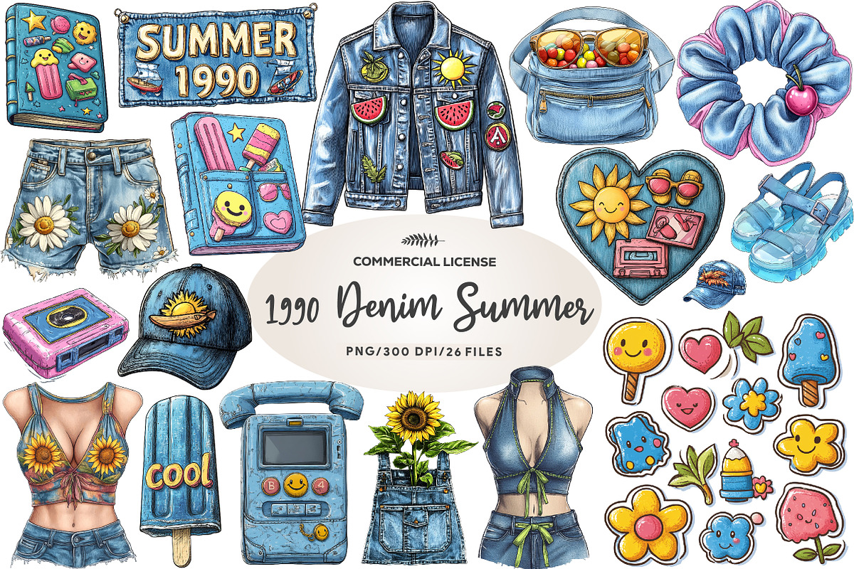 1990 Denim Summer Clipart, an Illustration by CreationArt (Photo 1 of 5)