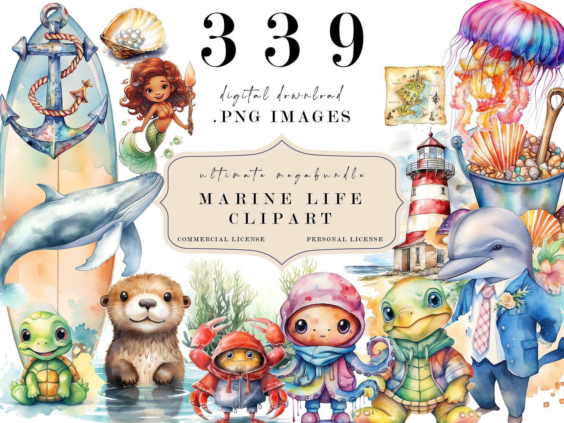 Marine Animals Watercolor Clipart, an Animal Photo by Redwood Digital Art