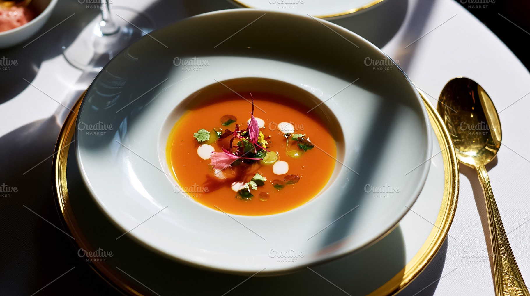 Gourmet tomato soup with fresh herbs and cream on a white and gold dining table, a Photo by Studio ANNA