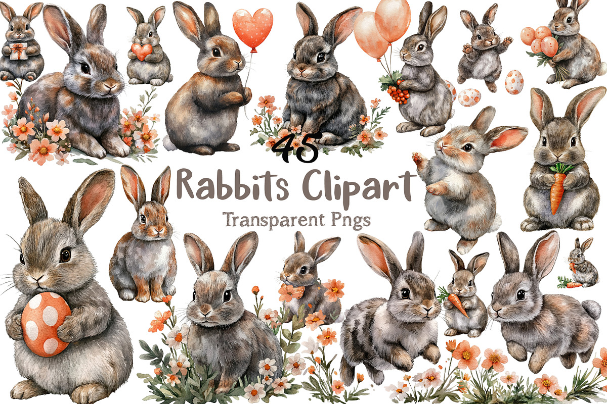 Watercolor Rabbits Clipart, an Illustration by Craft Nest (Photo 1 of 9)