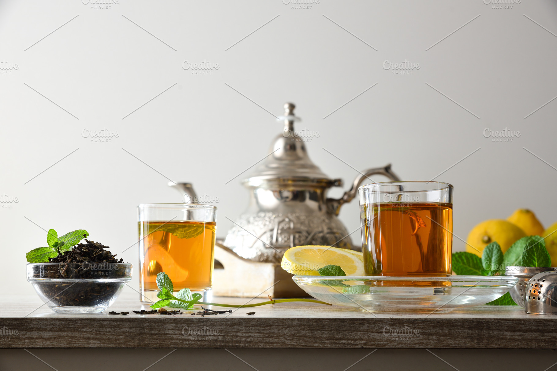 Green tea on kitchen bench white isolated background, a Food & Drink Photo by Davizro's Market