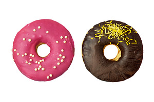 Two delicious donuts with pink and chocolate icing on isolated b, a Food & Drink Photo by ndanko