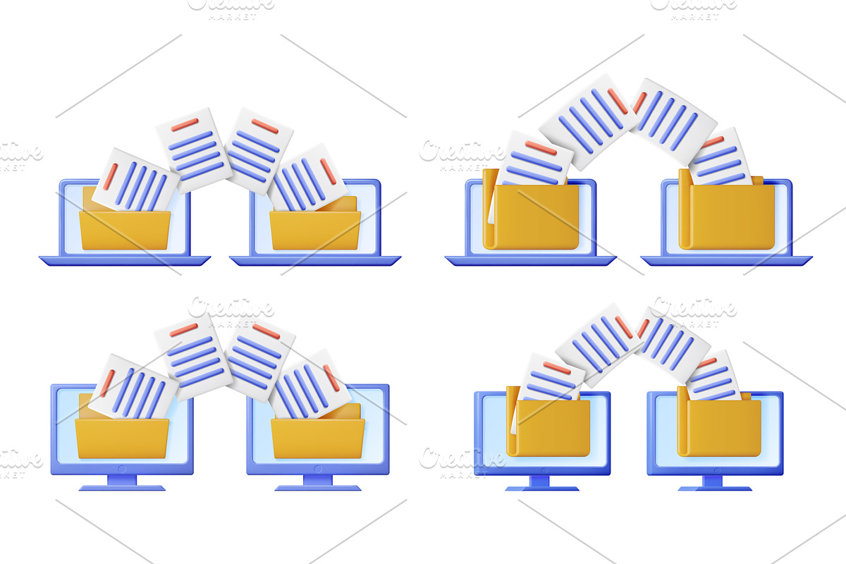 Set of 3D documents transferring, a Technology Illustration by Abscent