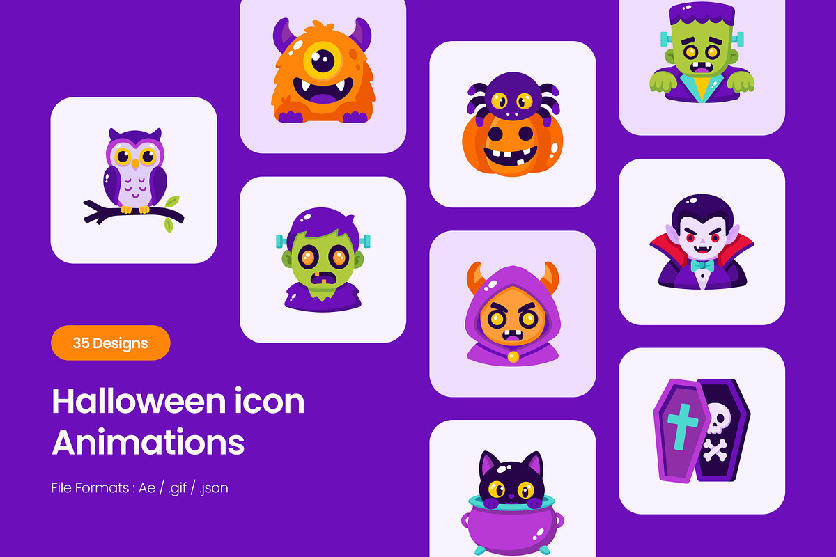 35 Animated Halloween Flat Icons, an Emoji Icon by Prosymbols (Photo 1 of 4)