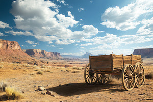 Wooden wagon crosses rugged desert, a Photo by Pavel_design