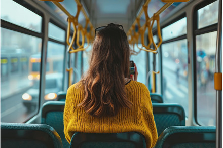 Unaware Back view woman using phone, a Person Photo by Ylivdesign