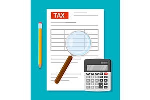 Tax form, pencil, a magnifying glass, a Finance Illustration by Buch&Bee