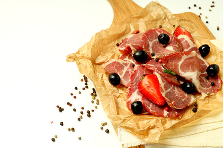 Concept of delicious food with jamon, space for text, a Food & Drink Photo by AtlasStudio PRO