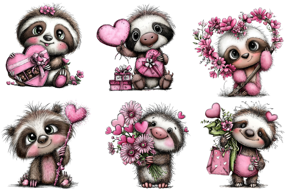 Valentine's Whimsical Sloth Clipart, an Illustration by Dream Creation (Photo 3 of 8)