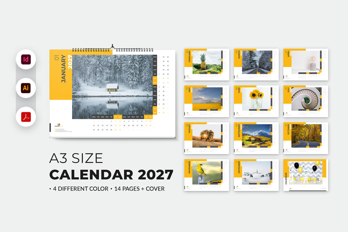 A3 Landscape Calendar 2027 Template, a Stationery Template by MstArtwork (Photo 1 of 5)