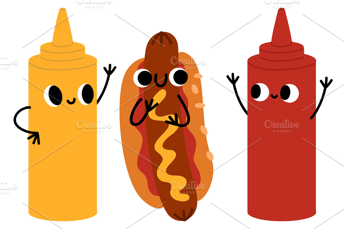 Cute cartoon hot dogs, ketchup and, a Food Illustration by Vectorbuum