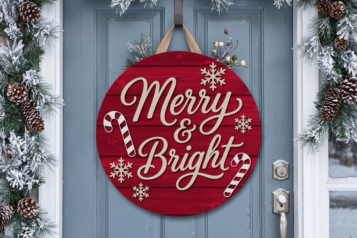 Merry & Bright Door Hanger SVG, an Object Graphic by Libby Wishes (Photo 1 of 4)